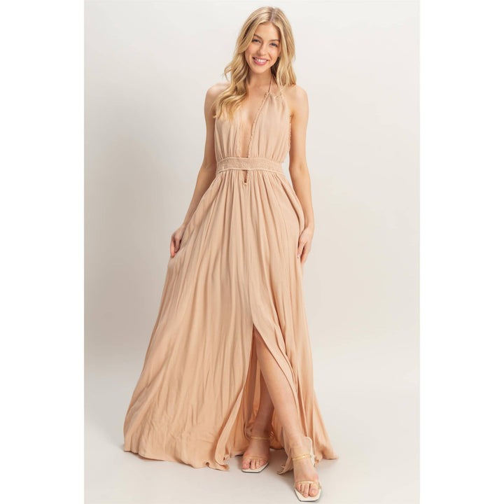 HF25A275-Halterneck Fitted Waist Flowy Maxi Dress