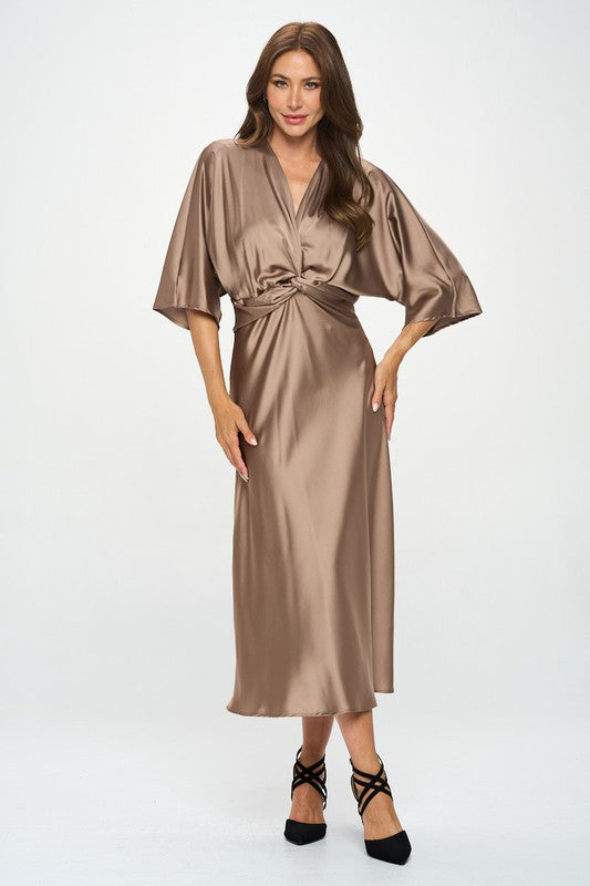 Satin Stretch Solid Dress with Front Twist