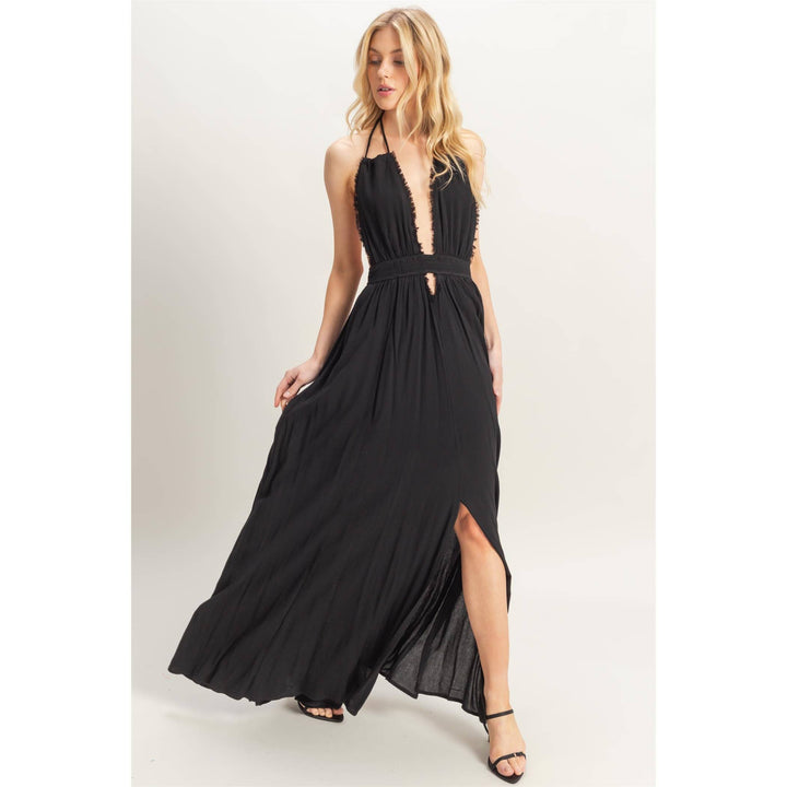 HF25A275-Halterneck Fitted Waist Flowy Maxi Dress