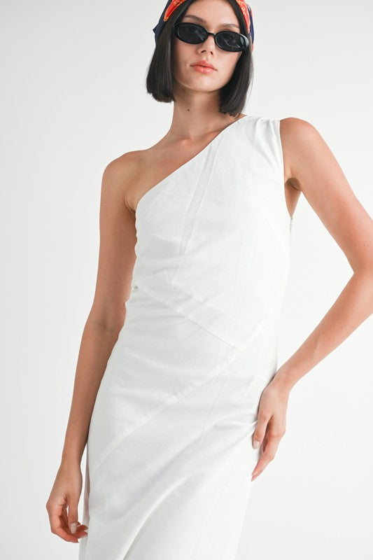 ONE SHOULDER MID LINEN DRESS