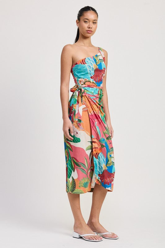 ONE SHOULDER WRAPPED MIDI DRESS