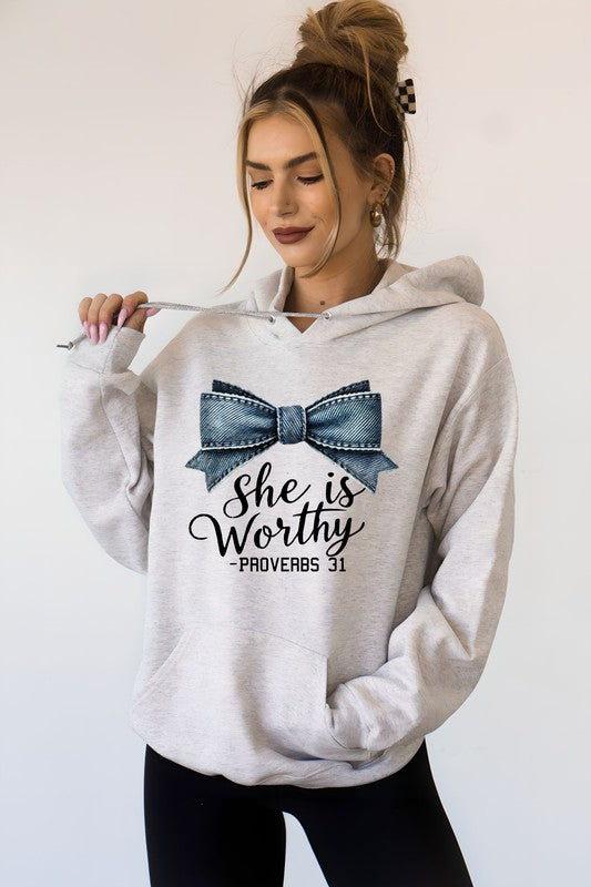 Blue Bow She is Worthy Proverbs 31 Graphic Hoodie