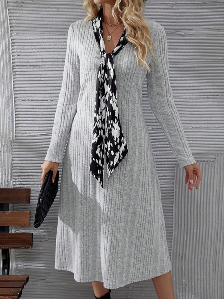 V-Neck Long Sleeve Midi Dress