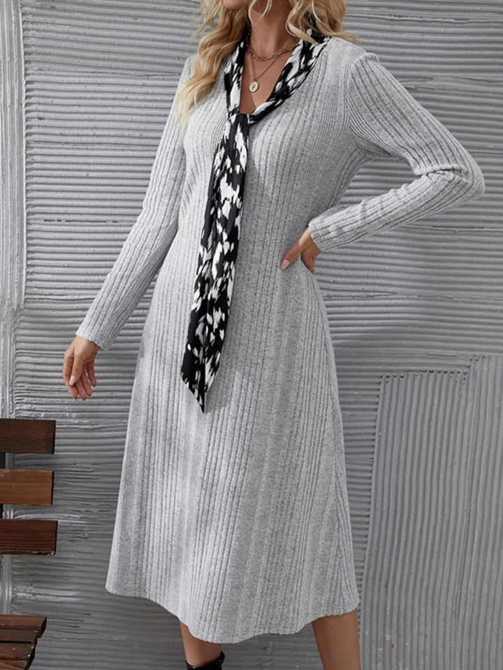 V-Neck Long Sleeve Midi Dress