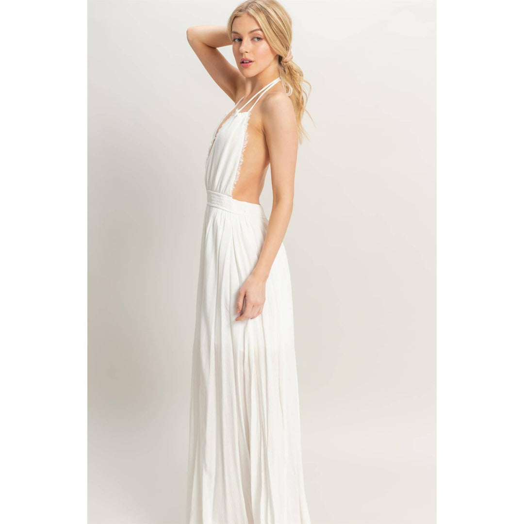 HF25A275-Halterneck Fitted Waist Flowy Maxi Dress
