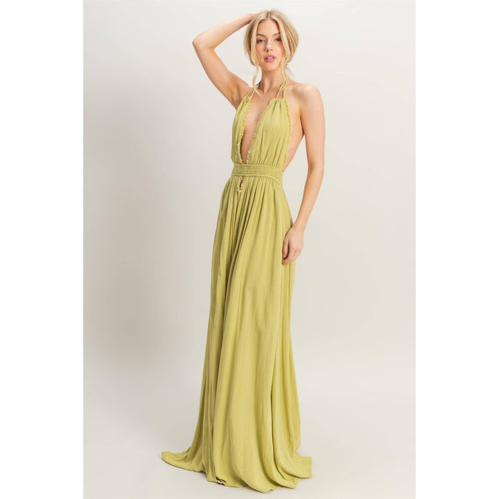 HF25A275-Halterneck Fitted Waist Flowy Maxi Dress