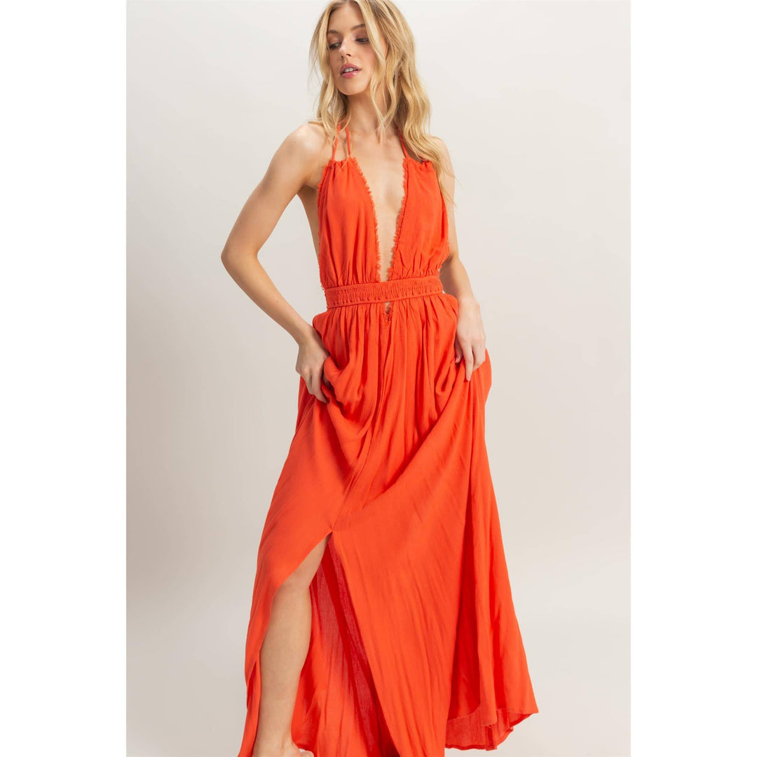 HF25A275-Halterneck Fitted Waist Flowy Maxi Dress