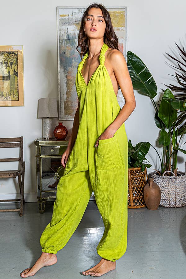 R5332 Solid Gauze Halter Jumpsuit