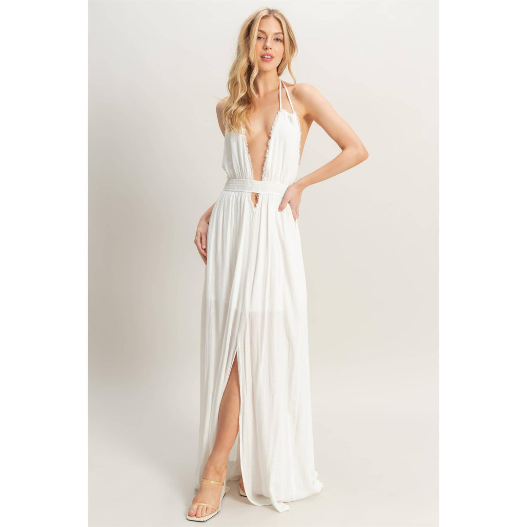 HF25A275-Halterneck Fitted Waist Flowy Maxi Dress