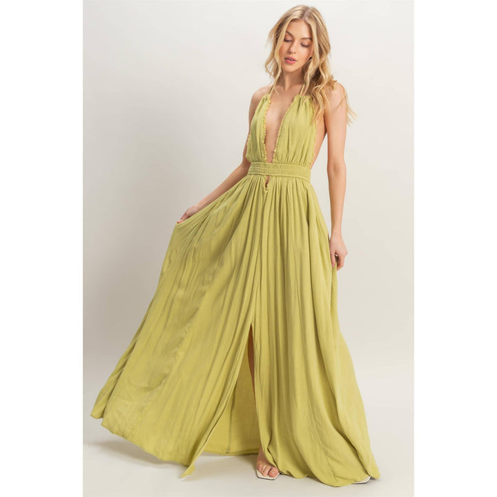 HF25A275-Halterneck Fitted Waist Flowy Maxi Dress