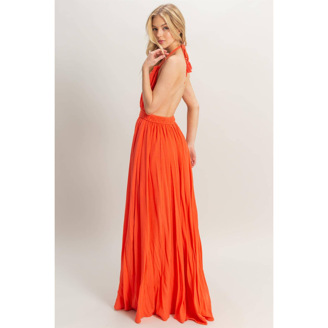 HF25A275-Halterneck Fitted Waist Flowy Maxi Dress