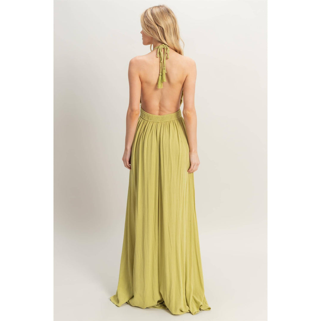 HF25A275-Halterneck Fitted Waist Flowy Maxi Dress