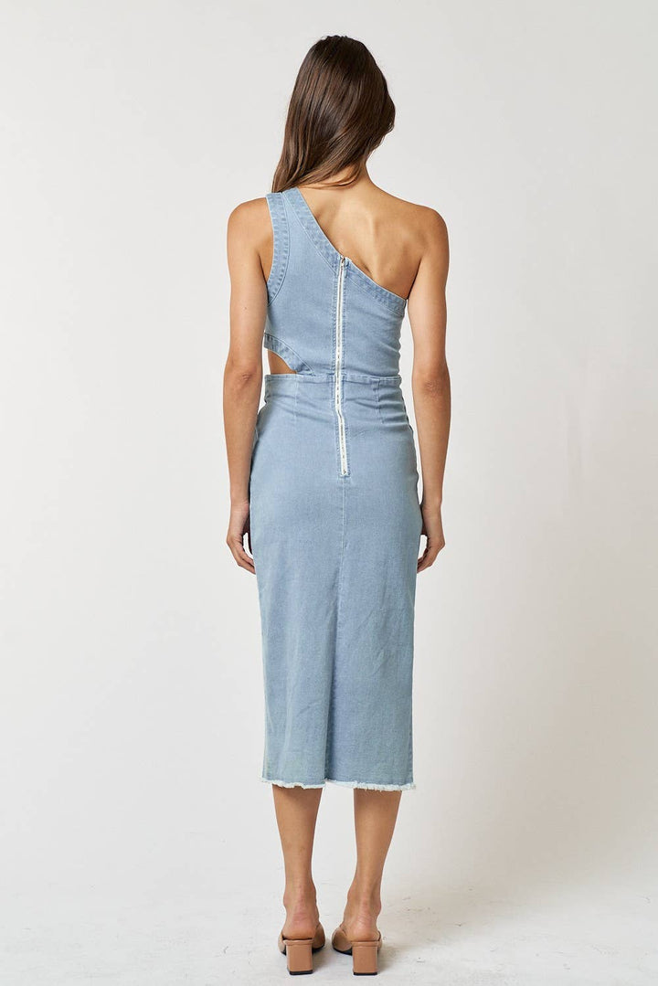 DENIM ONE SHOULDER CUT OUT WRAPPED MIDI DRESS