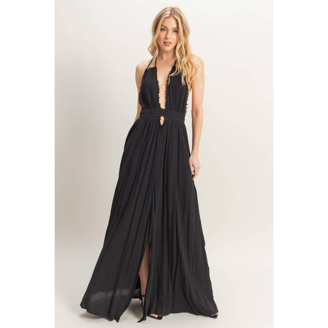 HF25A275-Halterneck Fitted Waist Flowy Maxi Dress