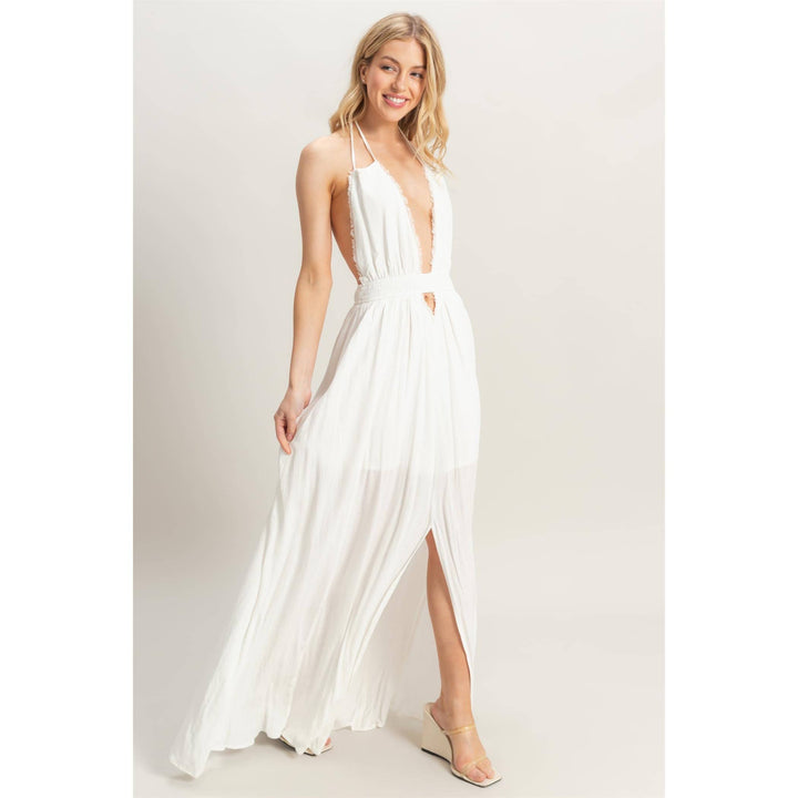 HF25A275-Halterneck Fitted Waist Flowy Maxi Dress