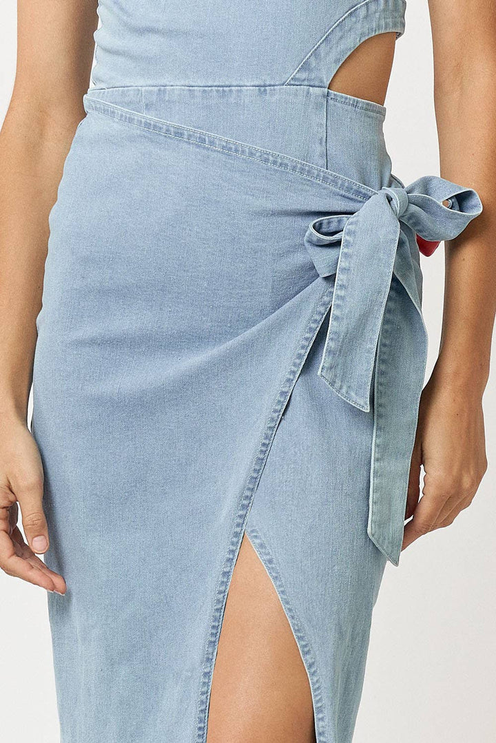 DENIM ONE SHOULDER CUT OUT WRAPPED MIDI DRESS