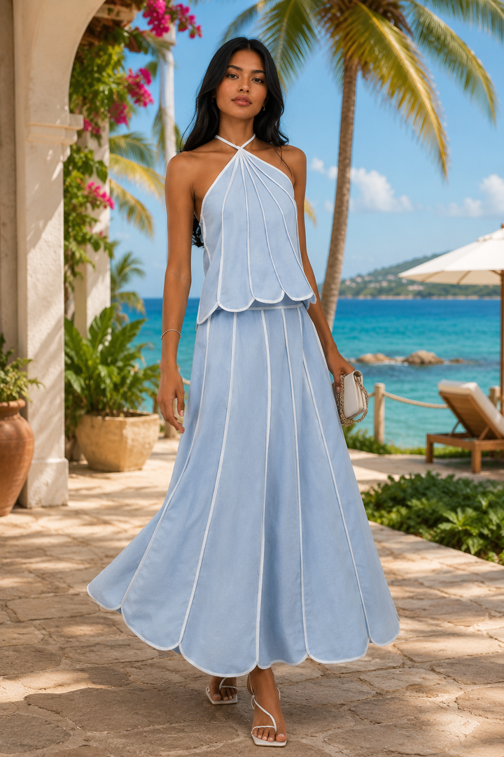 Sky Serenity Linen Blend Halter Top &amp; Maxi Skirt Set