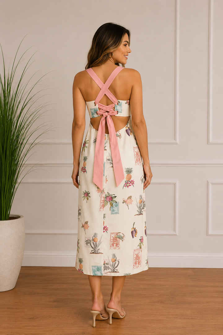 Garden Bloom Linen Blend Square Neck Midi Dress
