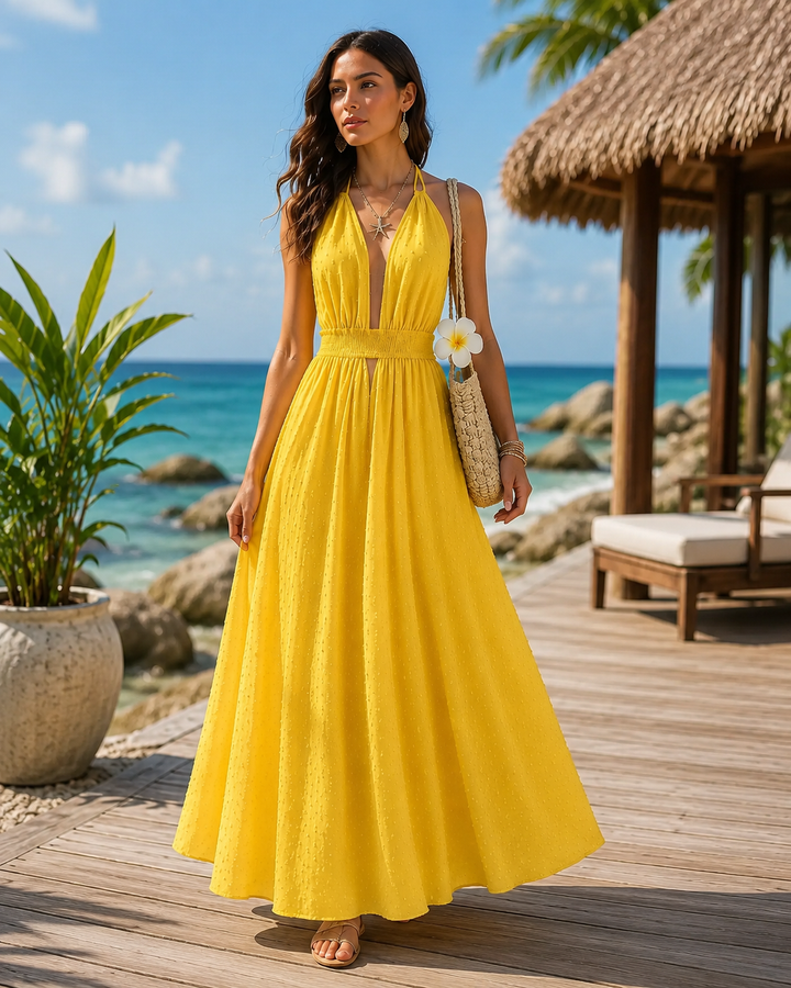 Sunshine Escape Swiss Dot Halter Maxi Dress