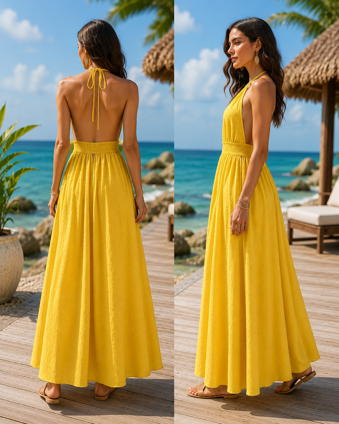 Sunshine Escape Swiss Dot Halter Maxi Dress