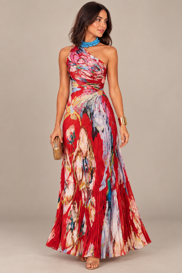 Crimson Bloom One-Shoulder Floral Maxi Dress
