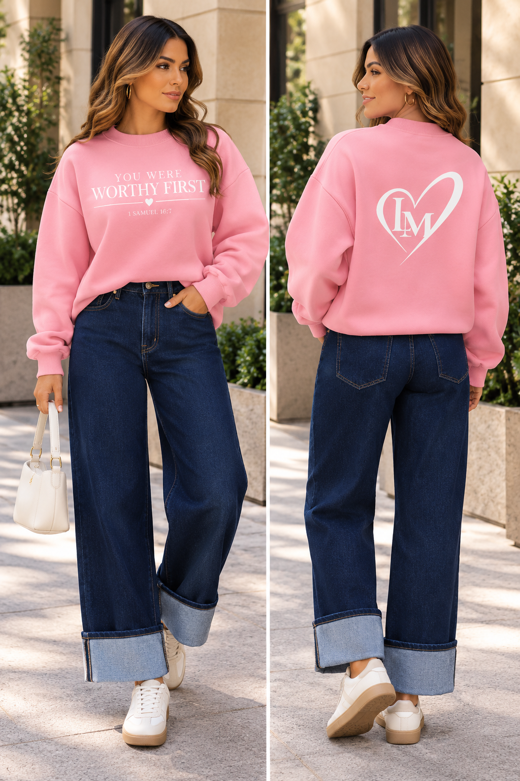 Worthy First Fleece Mock-Neck Oversized Pink Sweatshirt