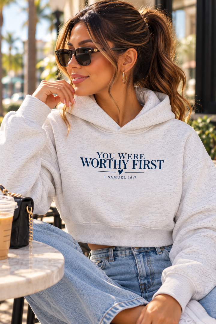 You Were Worthy First Light Gray Essential Cropped Hoodie