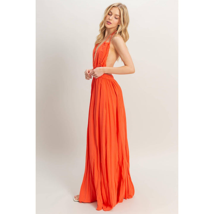 HF25A275-Halterneck Fitted Waist Flowy Maxi Dress