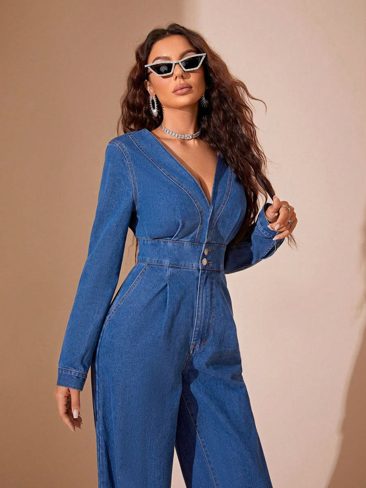 Plunge Long Sleeve Wide Leg Denim Jumpsuit