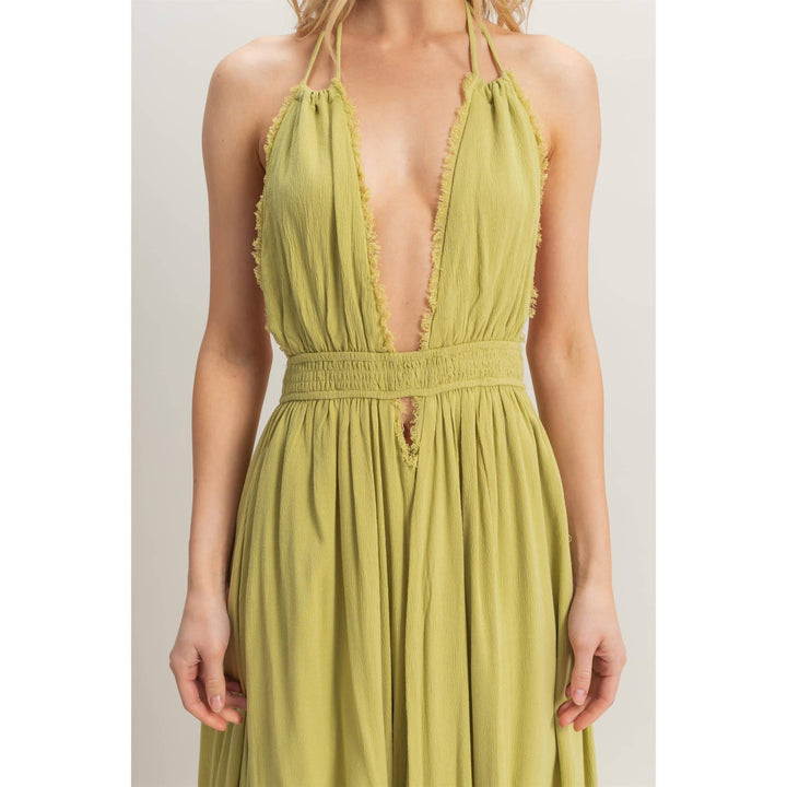 HF25A275-Halterneck Fitted Waist Flowy Maxi Dress