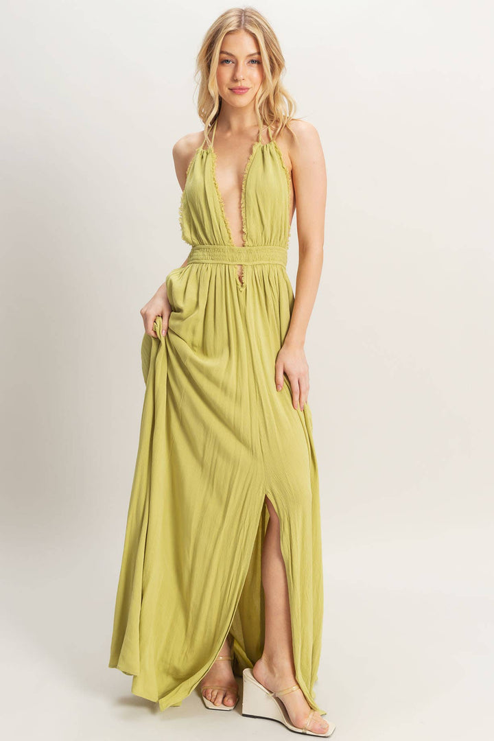 HF25A275-Halterneck Fitted Waist Flowy Maxi Dress