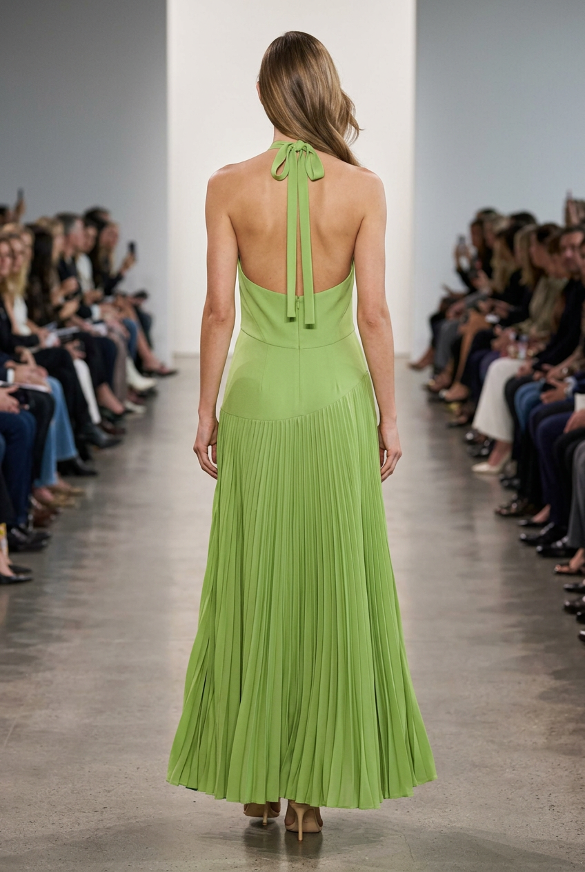 Back view of the green pleated maxi dress on the runway