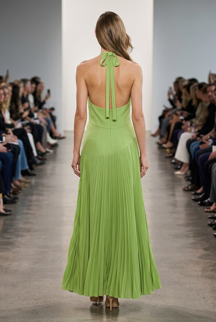 Back view of the green pleated maxi dress on the runway