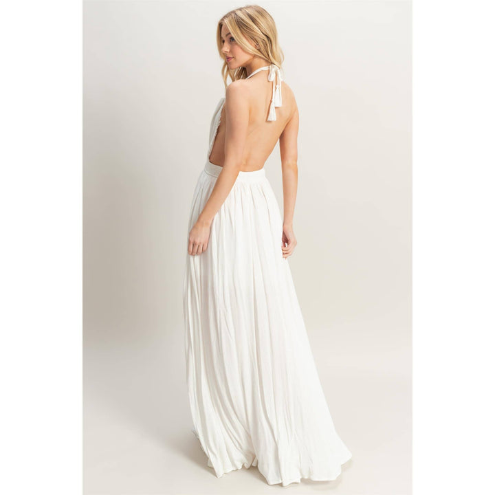 HF25A275-Halterneck Fitted Waist Flowy Maxi Dress