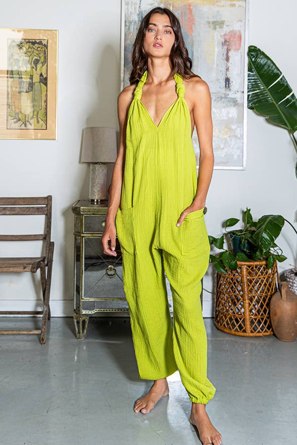 R5332 Solid Gauze Halter Jumpsuit