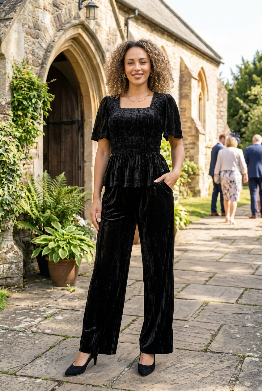 Black velvet set outside a church
