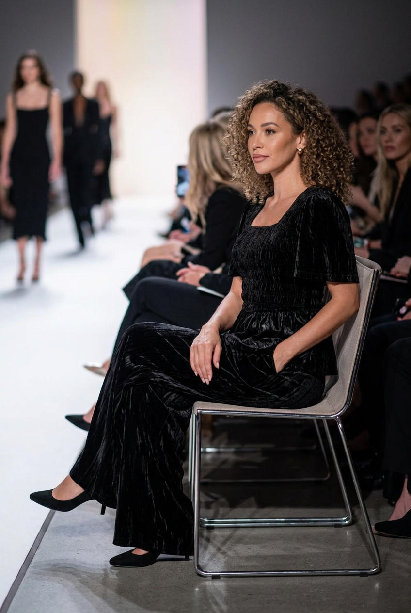 Black velvet wide-leg set worn seated front row at a fashion show