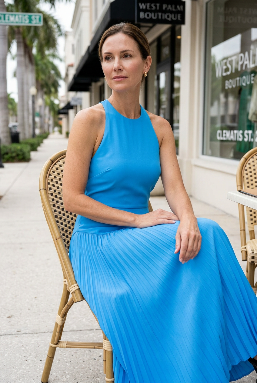 Blue pleated maxi dress seated close-up at a West Palm Beach café