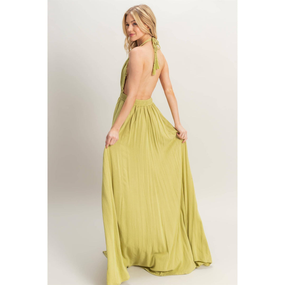 HF25A275-Halterneck Fitted Waist Flowy Maxi Dress