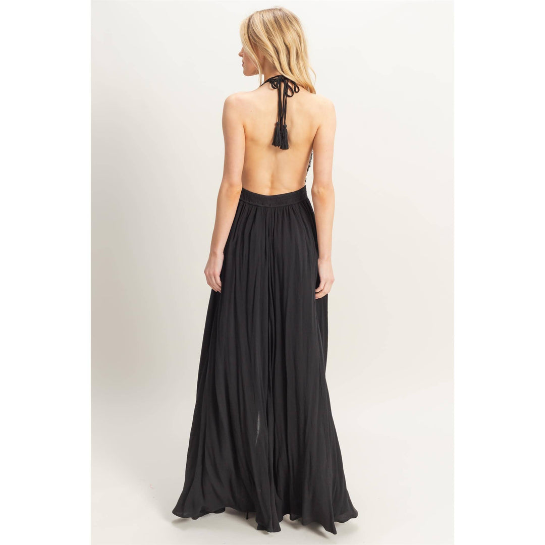 HF25A275-Halterneck Fitted Waist Flowy Maxi Dress