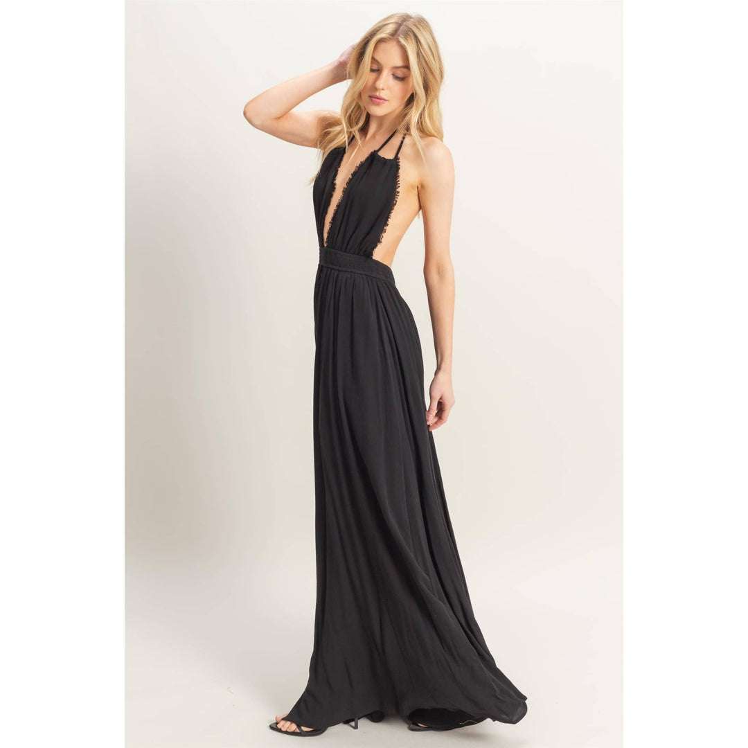 HF25A275-Halterneck Fitted Waist Flowy Maxi Dress
