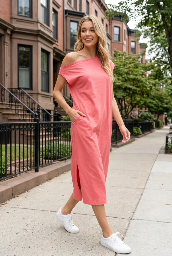 Coral midi dress styled with white sneakers on a Boston brownstone-lined street