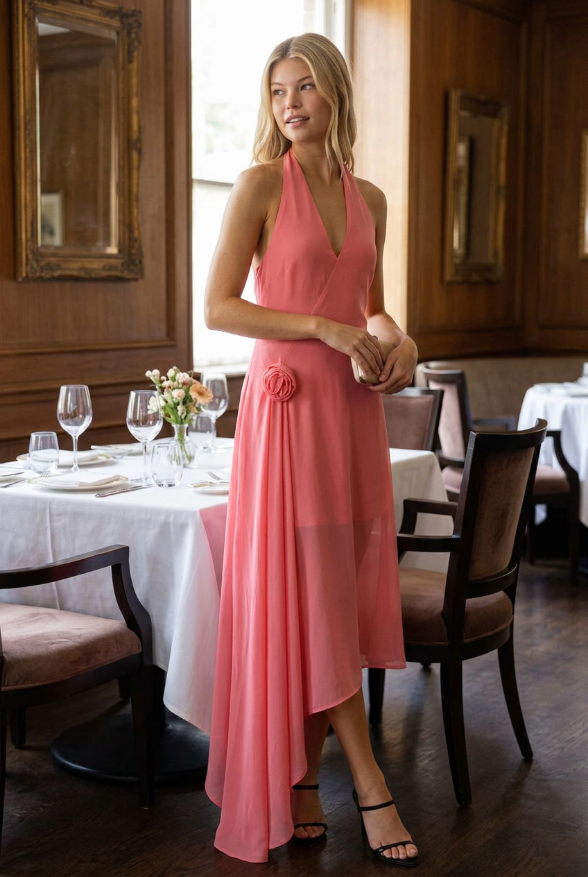 Coral pink chiffon halter dress in an elegant restaurant setting