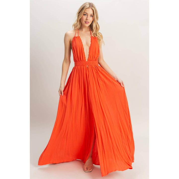 HF25A275-Halterneck Fitted Waist Flowy Maxi Dress
