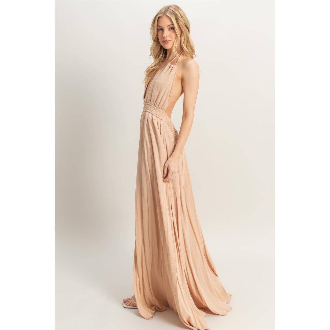 HF25A275-Halterneck Fitted Waist Flowy Maxi Dress