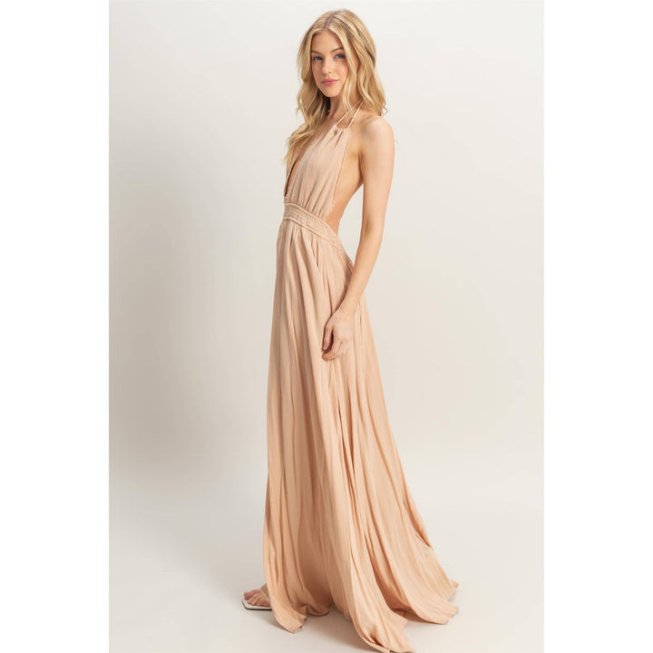 HF25A275-Halterneck Fitted Waist Flowy Maxi Dress