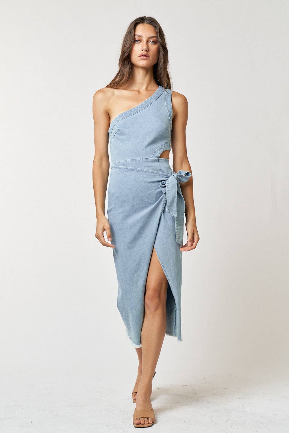 DENIM ONE SHOULDER CUT OUT WRAPPED MIDI DRESS