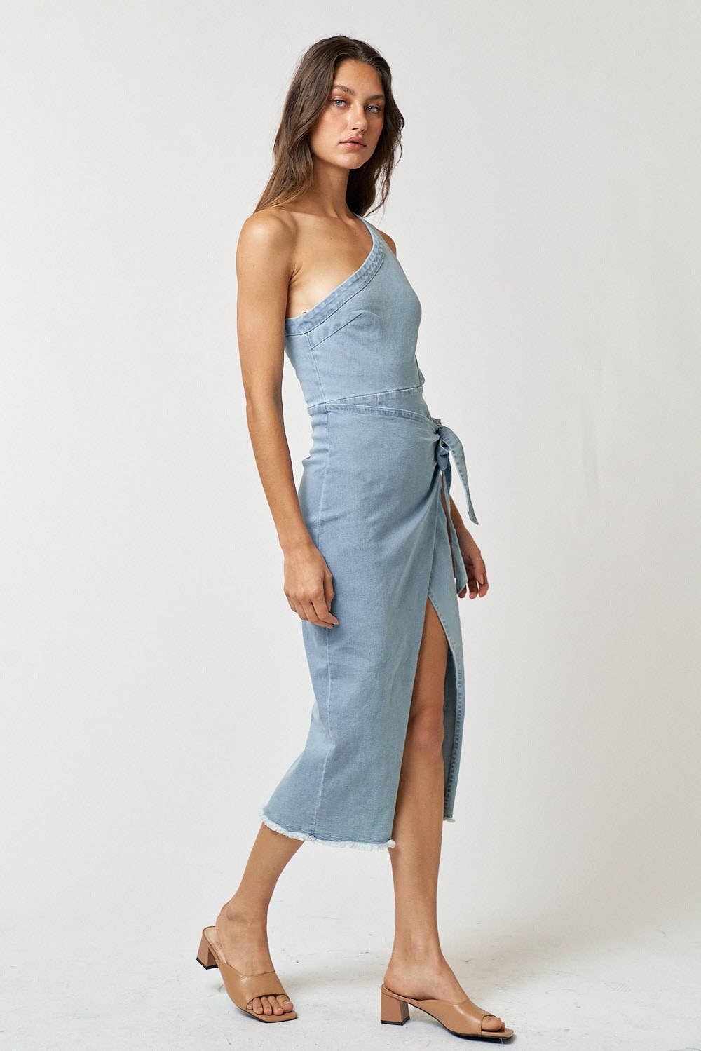 DENIM ONE SHOULDER CUT OUT WRAPPED MIDI DRESS