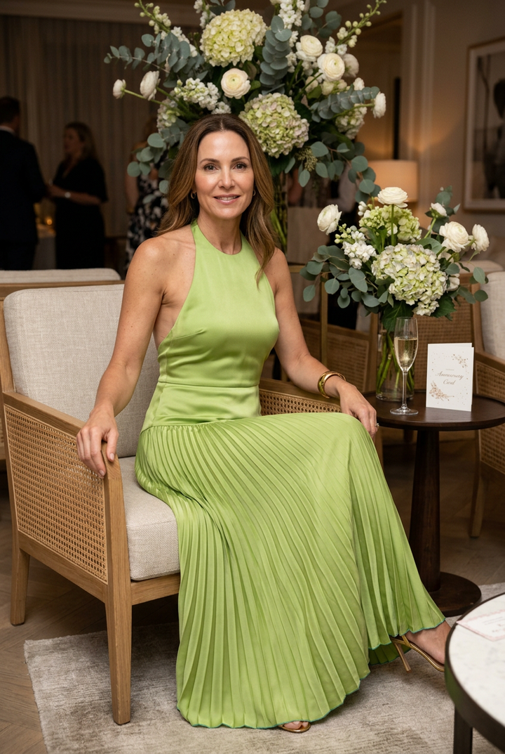 Green pleated maxi dress at an anniversary celebration