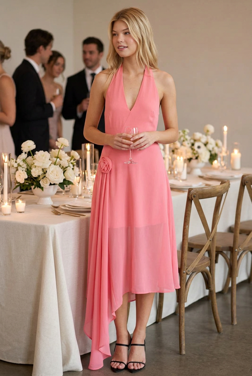 Coral chiffon halter dress wedding reception lifestyle